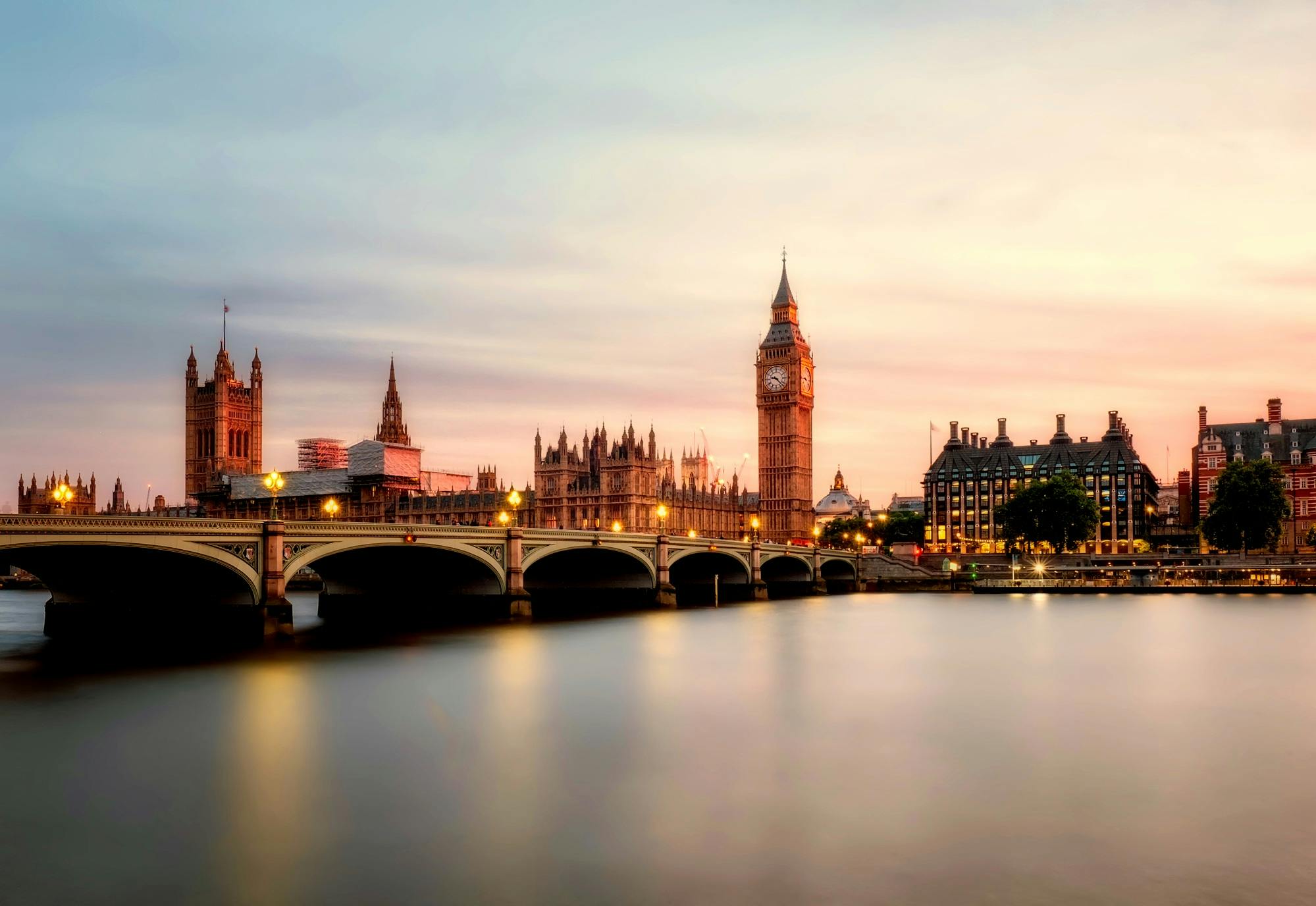 View of London skyline at sunset