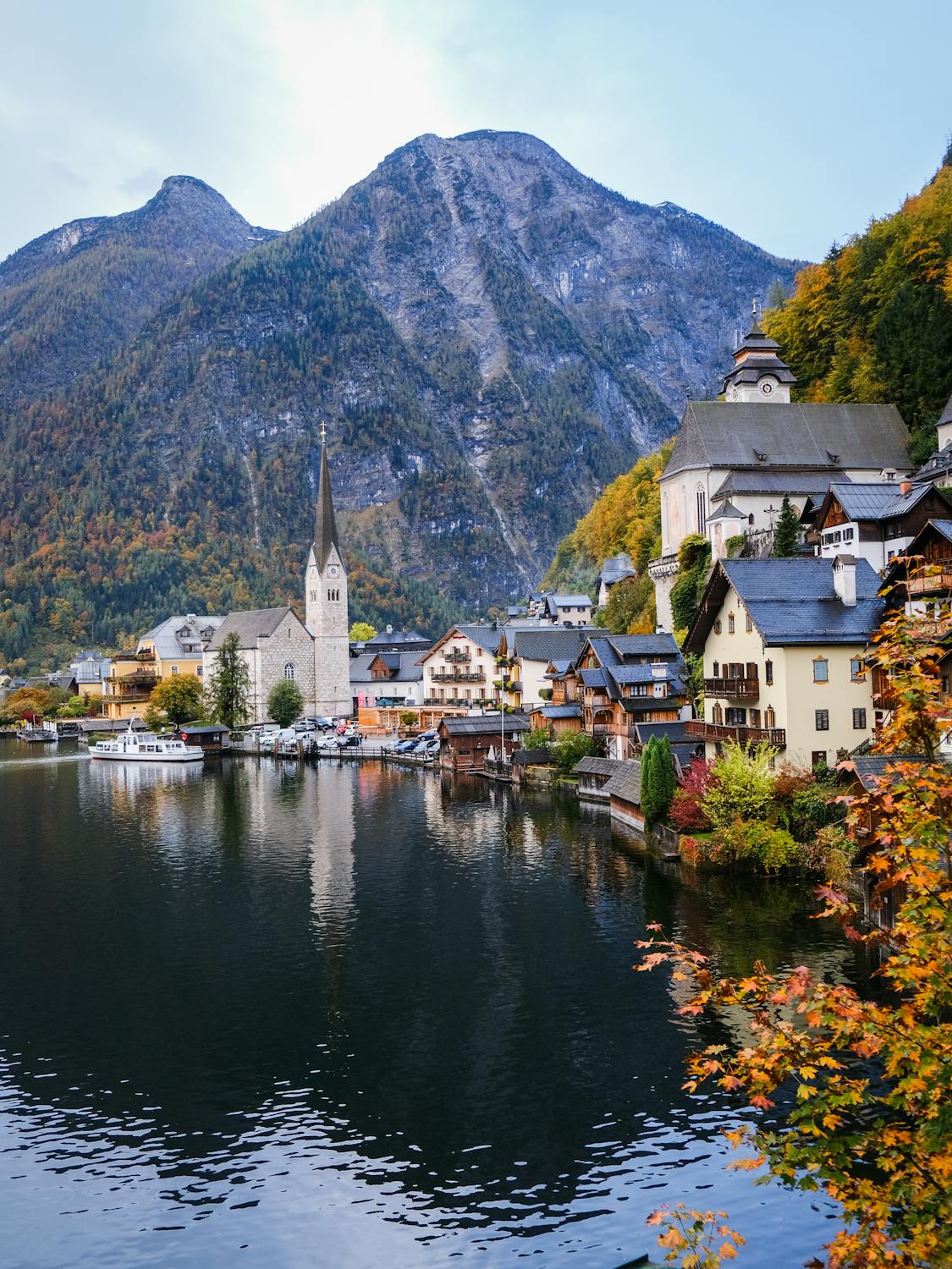 Scenic View of Hallstatt's Lakeside Village in Fall