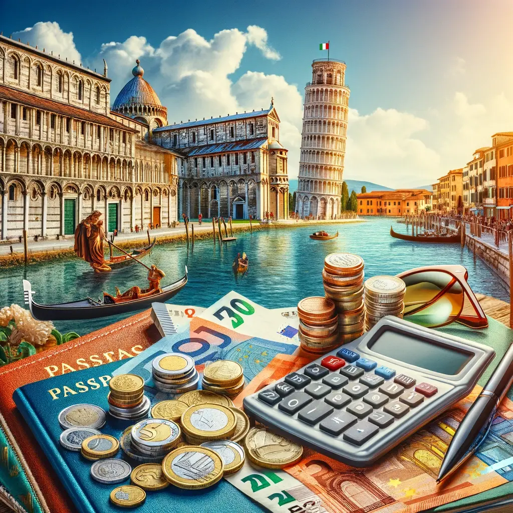 Art image of euro coins, passports and a calculator with Italian buildings and water in the background. 