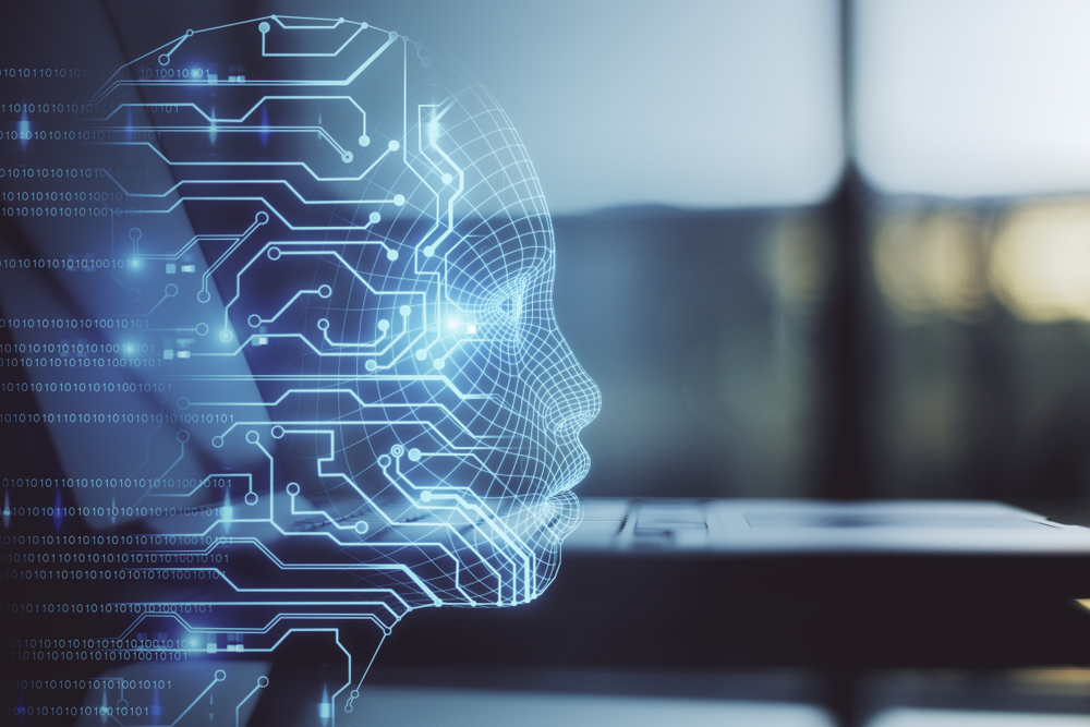 A computer AI human head with digital circuits 