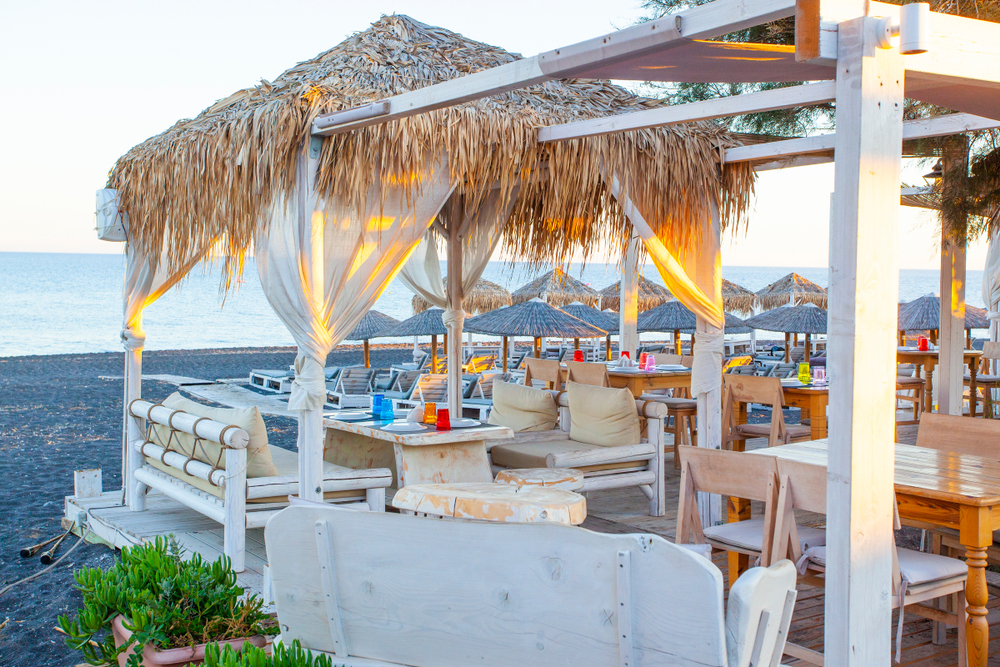 Street cafe on the Perissa beach, Greece.