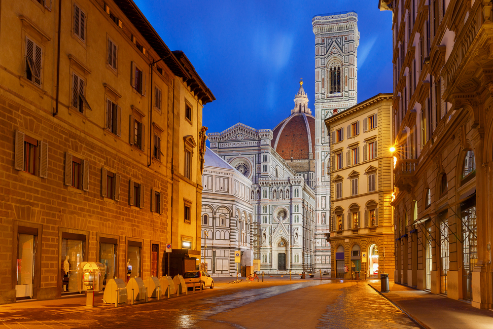 Florence Italy at night with cathedral in view