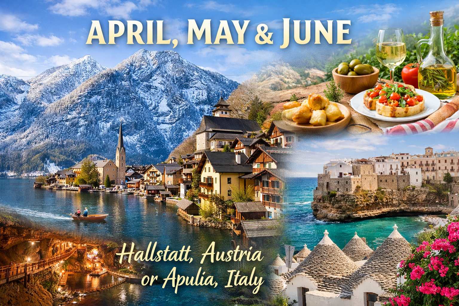 Colorful homes on the waterfront of Hallstatt, Austria with mountains overlooking the town in the background