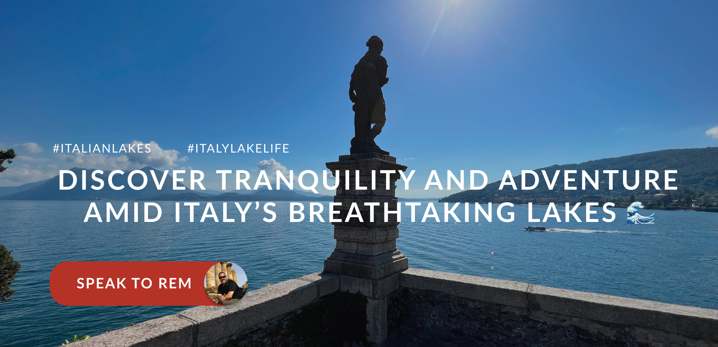 Italy landscape with lake and statue with blue sky and sun ray