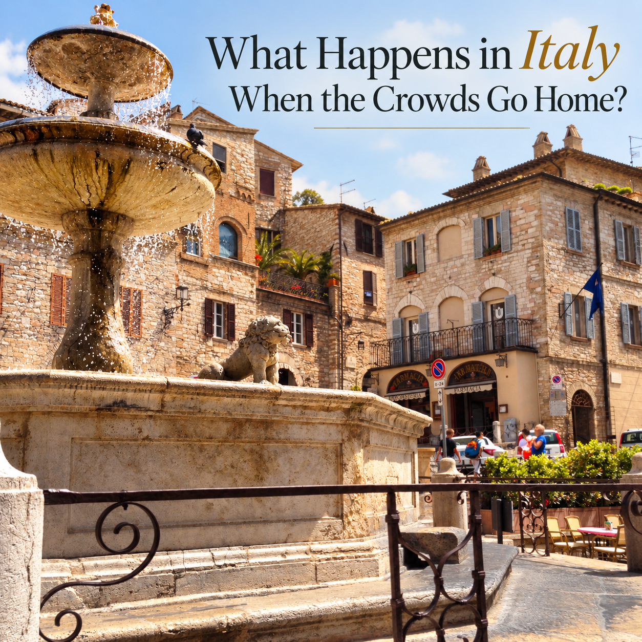 Sunlit Italian piazza with a historic stone fountain and traditional buildings, overlaid with the headline “What Happens in Italy When the Crowds Go Home?”