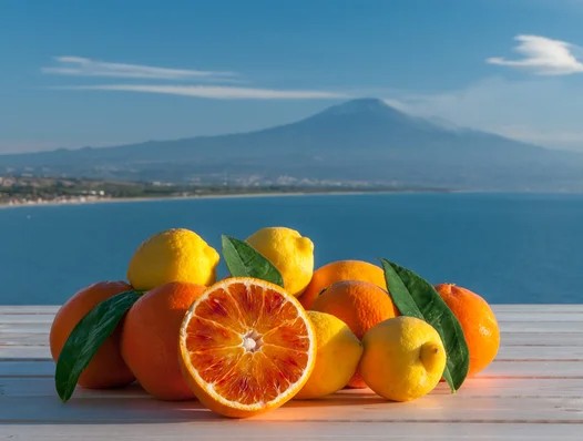 Fresh fruit in Sicily with Mount Etna in the backgorund