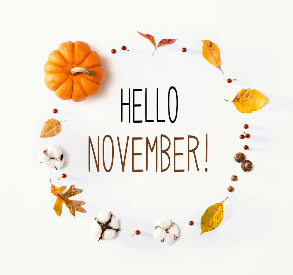 Hello November message with autumn leaves and an orange pumpkin.