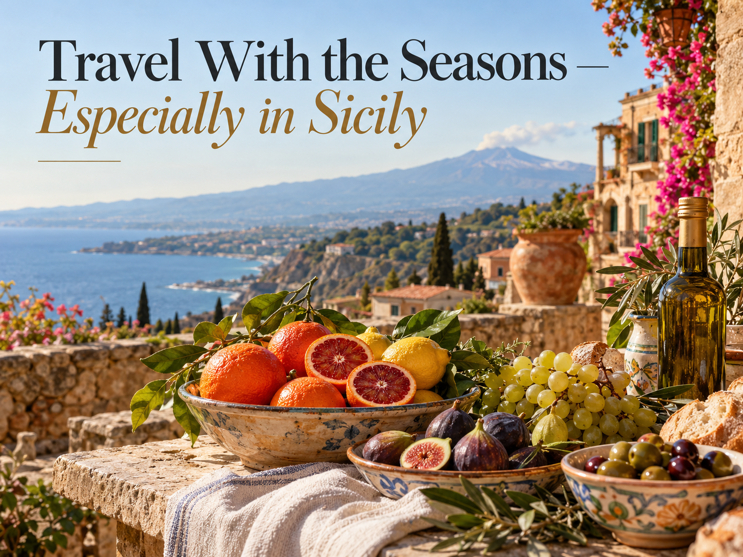 Sicilian coastal terrace scene with bowls of citrus, figs, grapes, olives and olive oil in the foreground, Mount Etna and the sea in the background, overlaid with the headline “Travel With the Seasons — Especially in Sicily.”