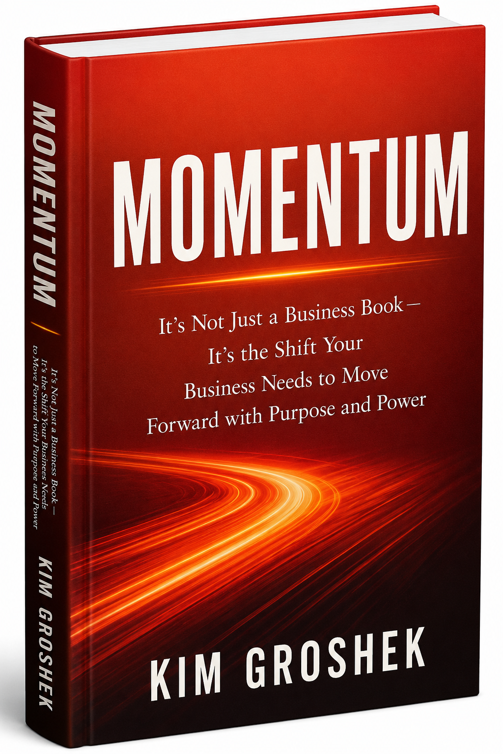 Momentum by Kim Groshek displayed upright on a modern bookshelf