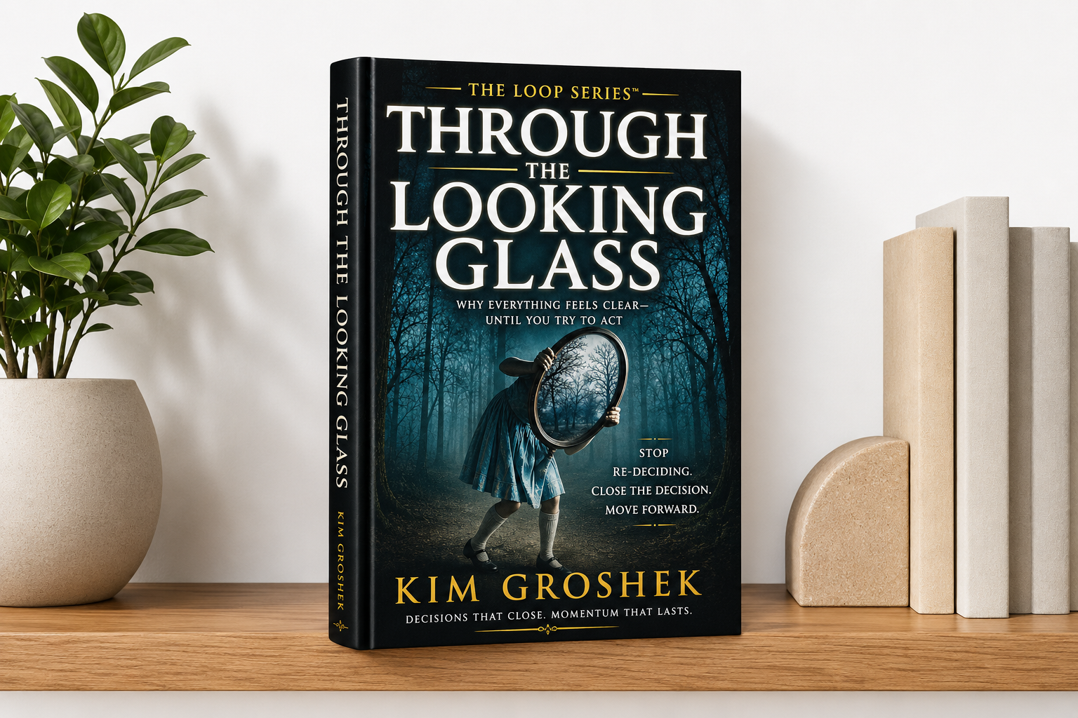 Through the Looking Glass by Kim Groshek displayed upright on a modern bookshelf