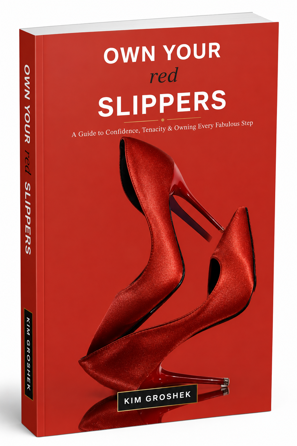 Own Your Red Slippers by Kim Groshek displayed upright on a modern bookshelf