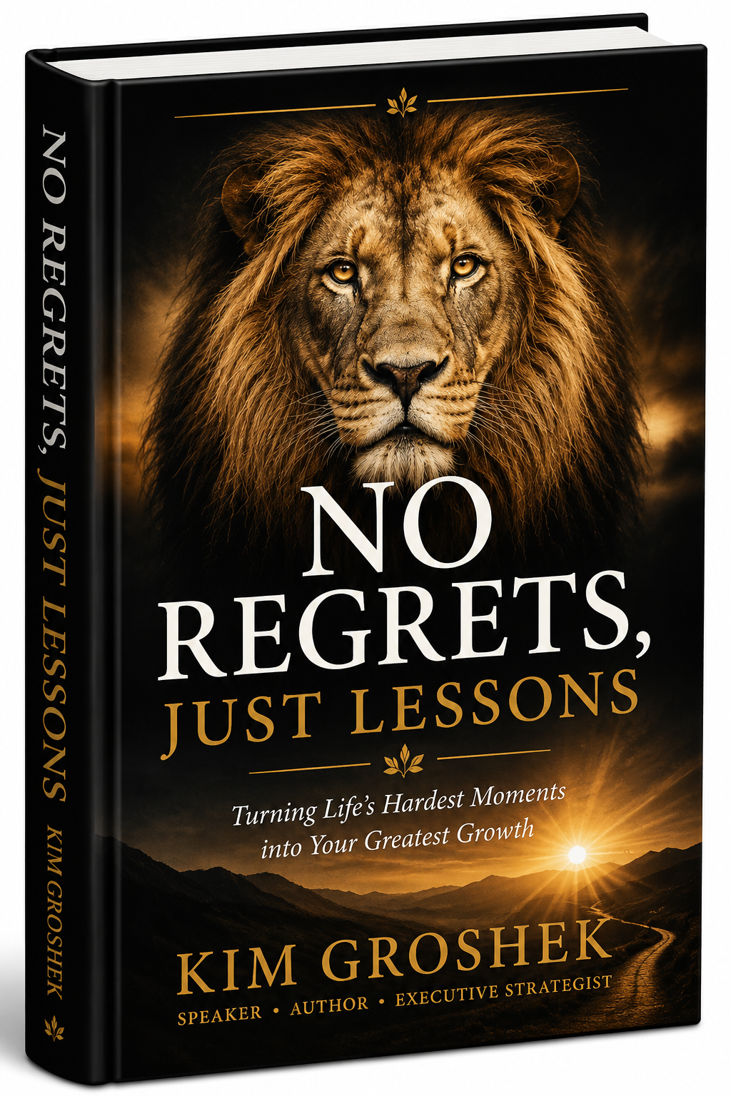 No Regrets Just Lessons by Kim Groshek displayed upright on a modern bookshelf