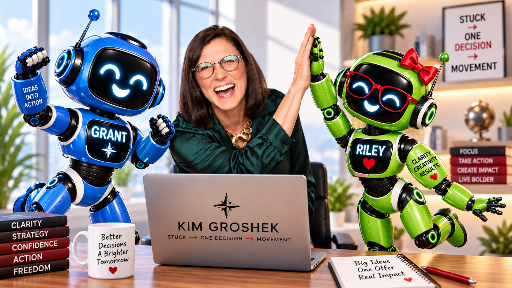 Kim Groshek with Grant and Riley AI assistants for the One Source to One Offer AI Lab