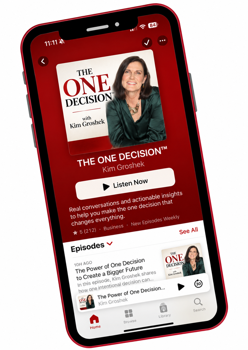 THE ONE DECISION podcast with Kim Groshek displayed on a phone