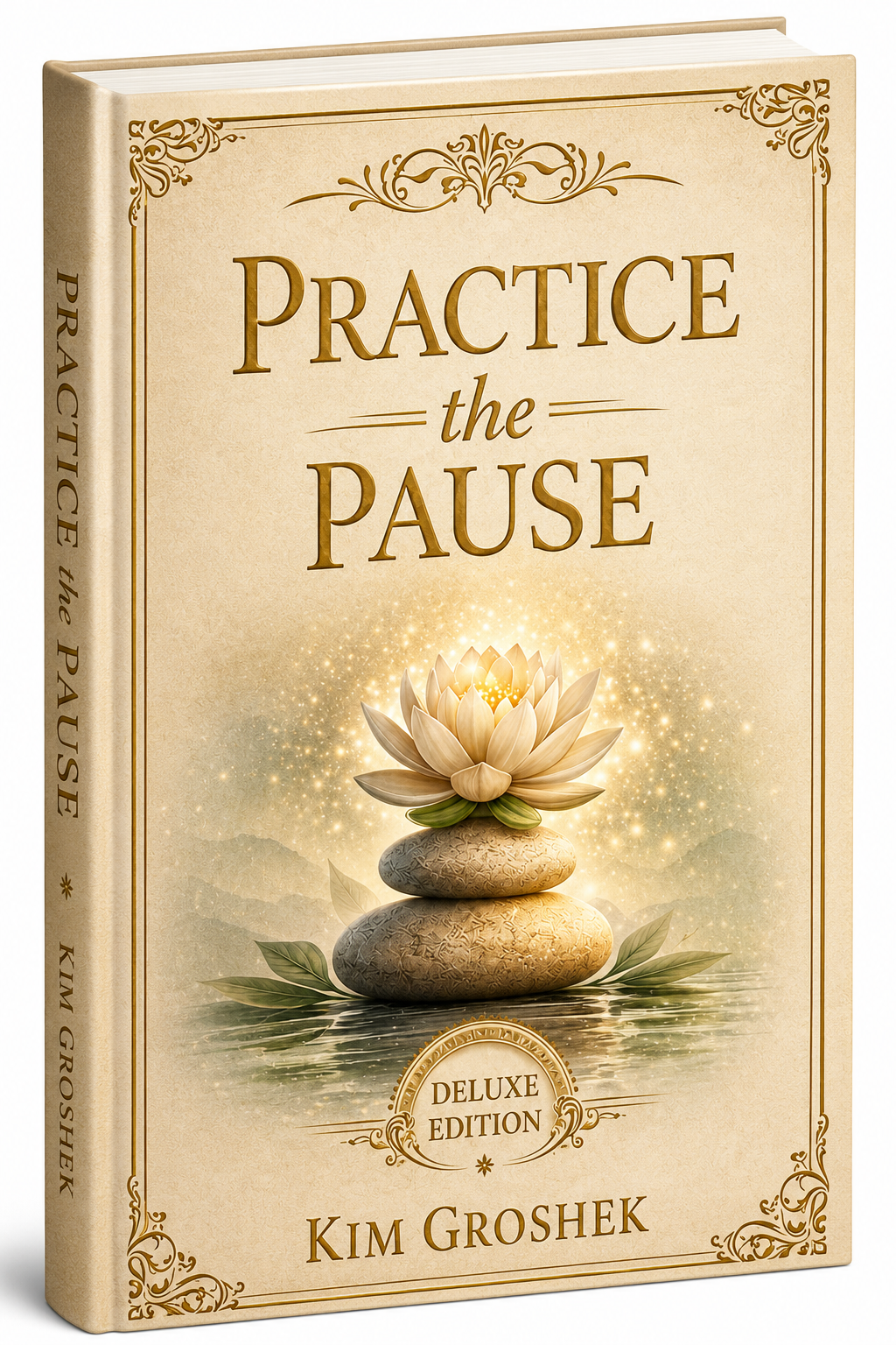 Practice the Pause Deluxe Edition by Kim Groshek displayed upright on a modern bookshelf