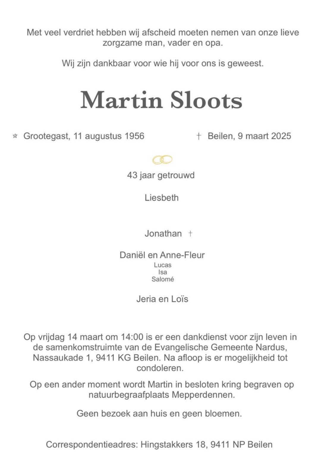 Rouwkaart van Martin Sloots