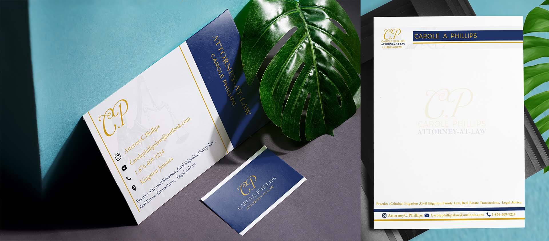 branding for la firm in jamaica , business card , logo and letterhead design