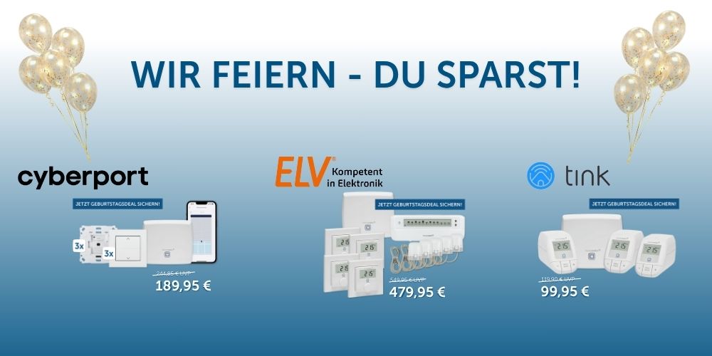 Übersicht von Homematic IP Sets, die zum Geburtstag zum Angebotspreis verfügbar sind.