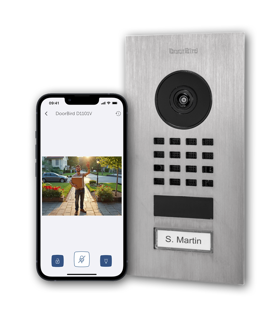 Doorbird Videotürklingel mit einem Smartphone, dass die Homematic IP App während eine Videoanrufs über die Doorbird zeigt.