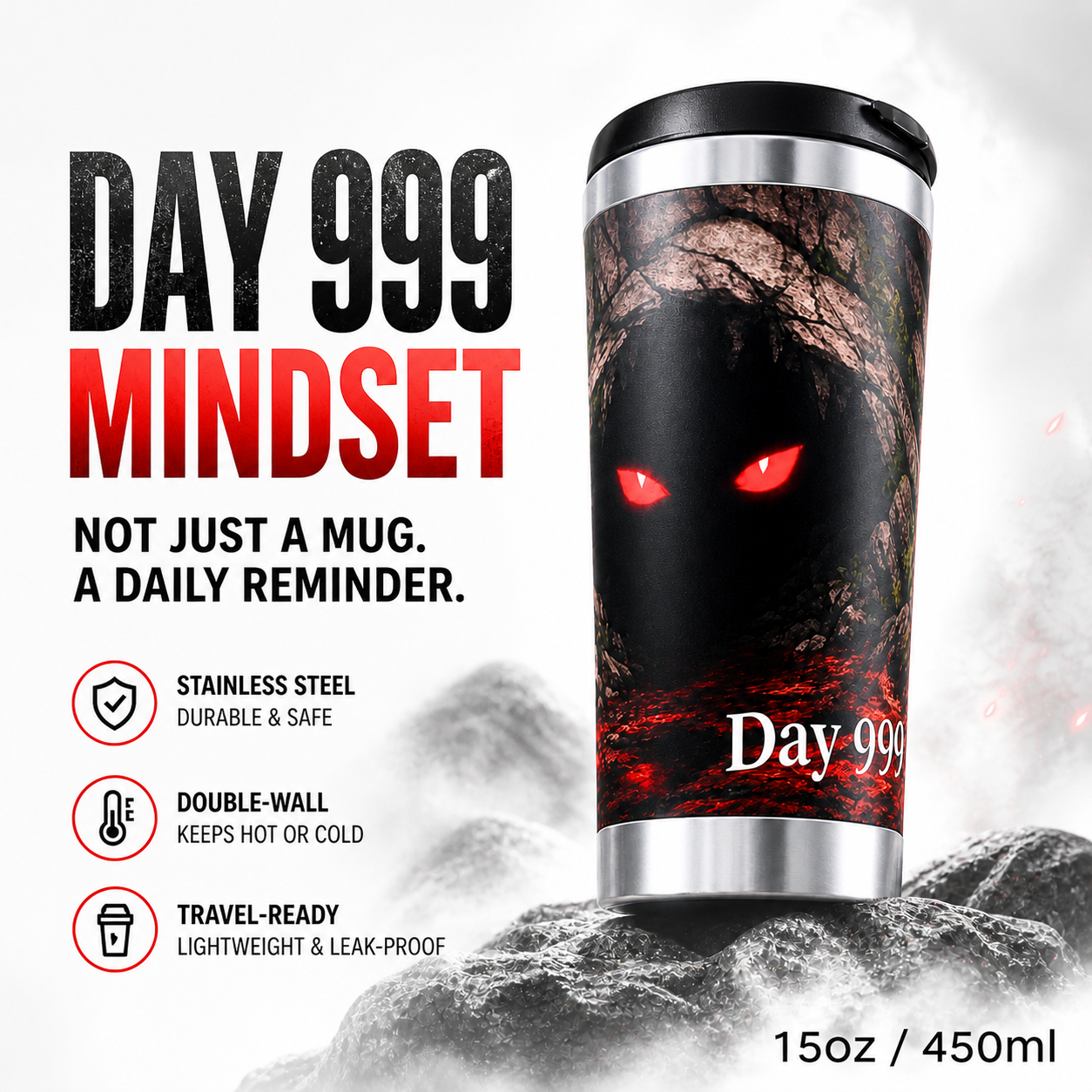 Day 999 15oz 450ml stainless steel travel mug with red eyes fantasy design
