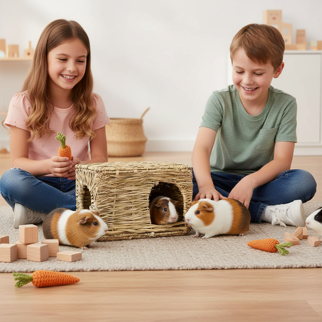 Happy children with guinea pigs and WildBits house