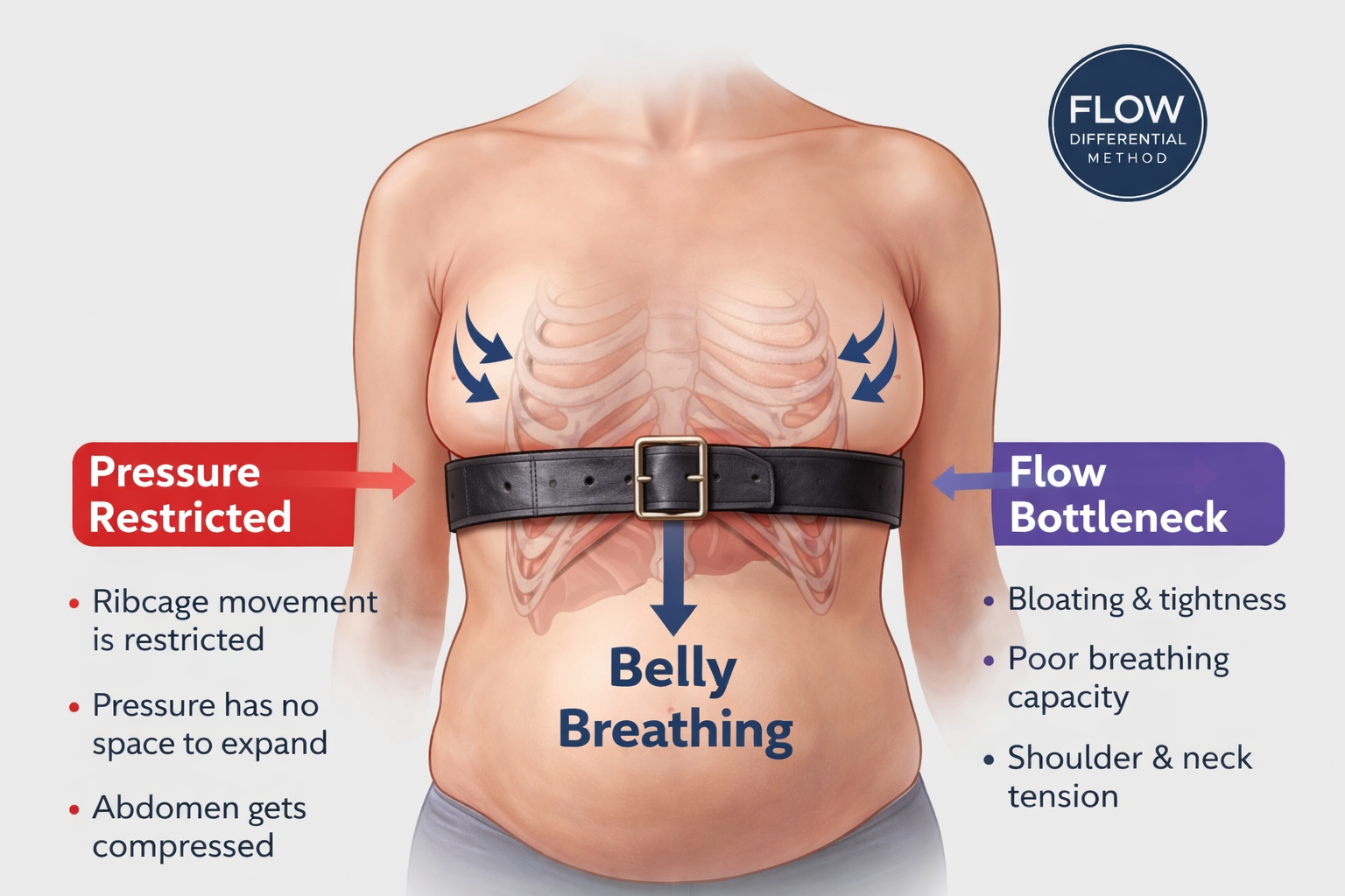 Illustration showing restricted ribcage expansion causing belly breathing and abdominal pressure leading to bloating and poor breathing