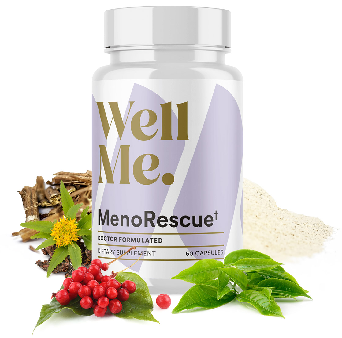 MenoRescue 1 Bottle With Ingredients in Background