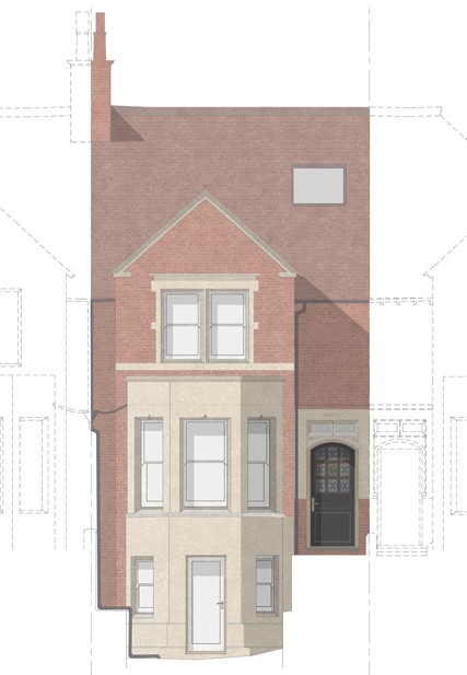 An architects rendering of the front elevation of a victorian terraced house