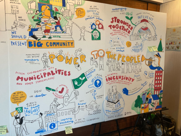 A photo of a colourful illustrated mind-map with “Power to the People“ written in the centre.