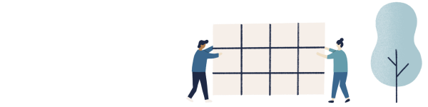 An illustration of two people carrying a solar panel near a tree