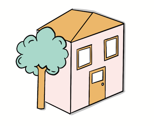 A cartoon of a house with a tree