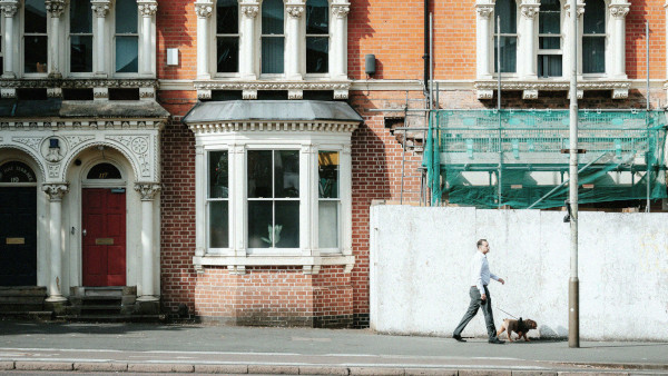 A photo of the frontage of several older terraced houses, with one of the boarded out with scaffolding. In front of the buildings a man in business clothes is walking his dog