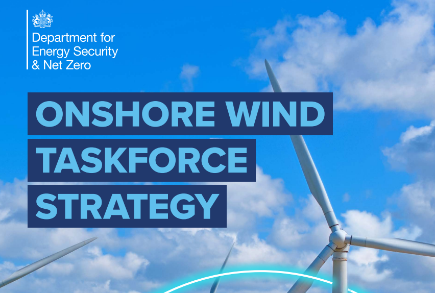The DESNZ logo with the text 'Onshore Wind Taskforce Strategy' below over a background of blue sky, clouds and wind turbines