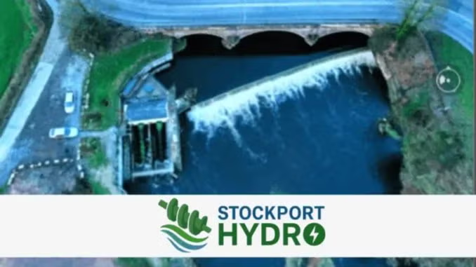 An aerial photograph of Stockport Hydro with the logo 'Stockport Hydro' below it.