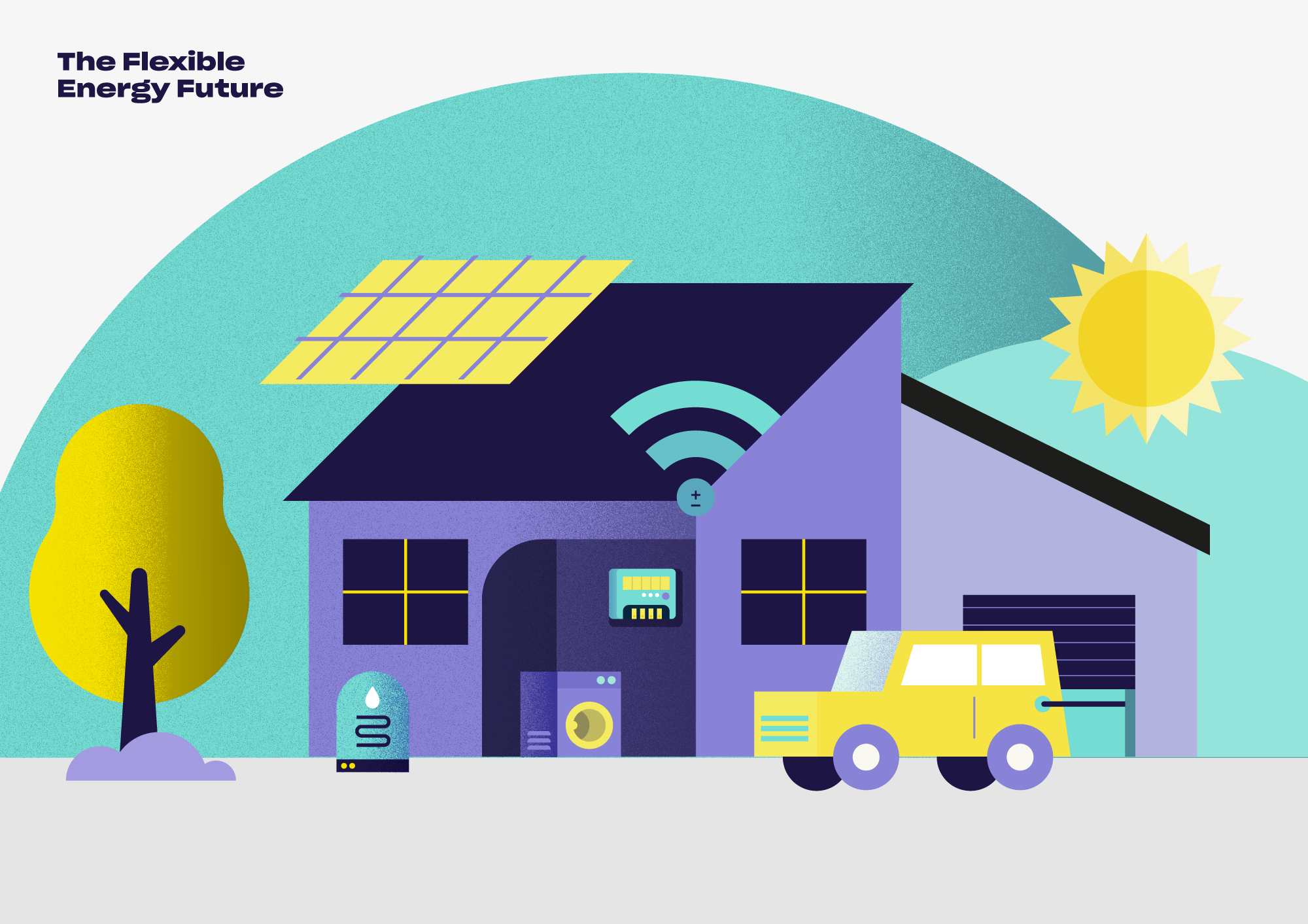 A graphic showing a stylised household with various low carbon technologies, such as solar, EV and immersion heater.