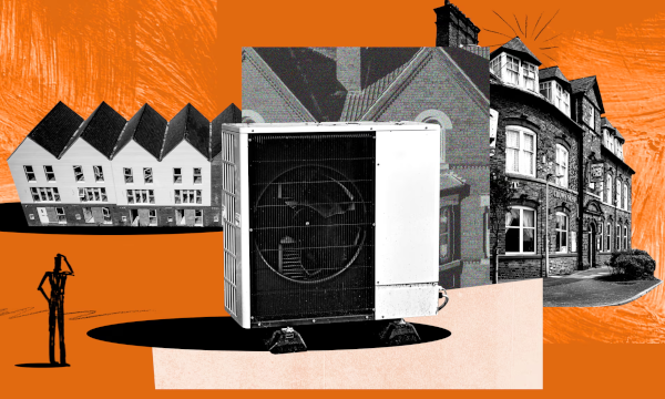 An collage style illustration of a heat pump posed in front of a variety of types of older houses.