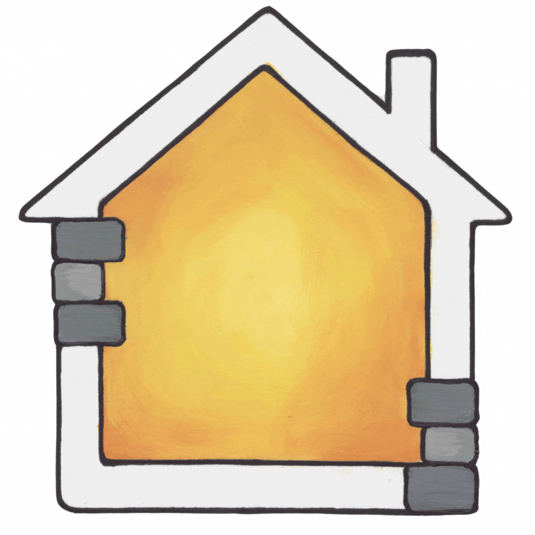 A gif of a stone walled house, with a yellow interior. The image moves slightly.