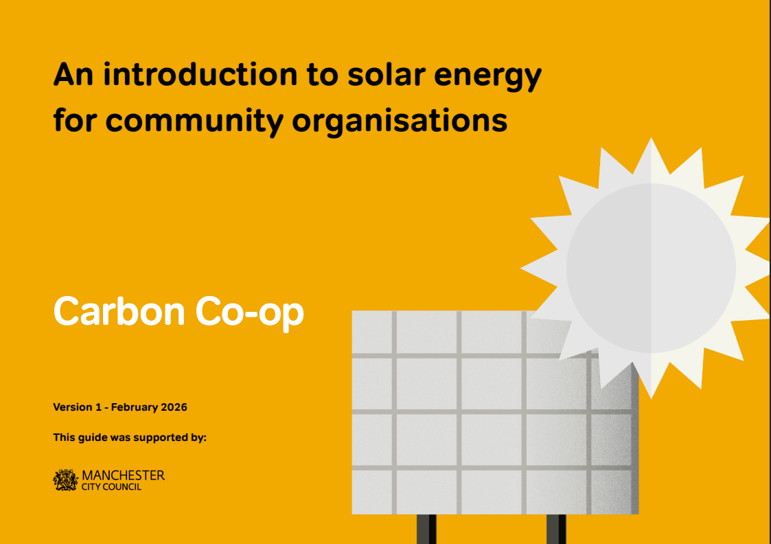 The cover of 'An introduction to solar energy for community organisations' showing an illustration of the sun and a solar panel on a yellow background