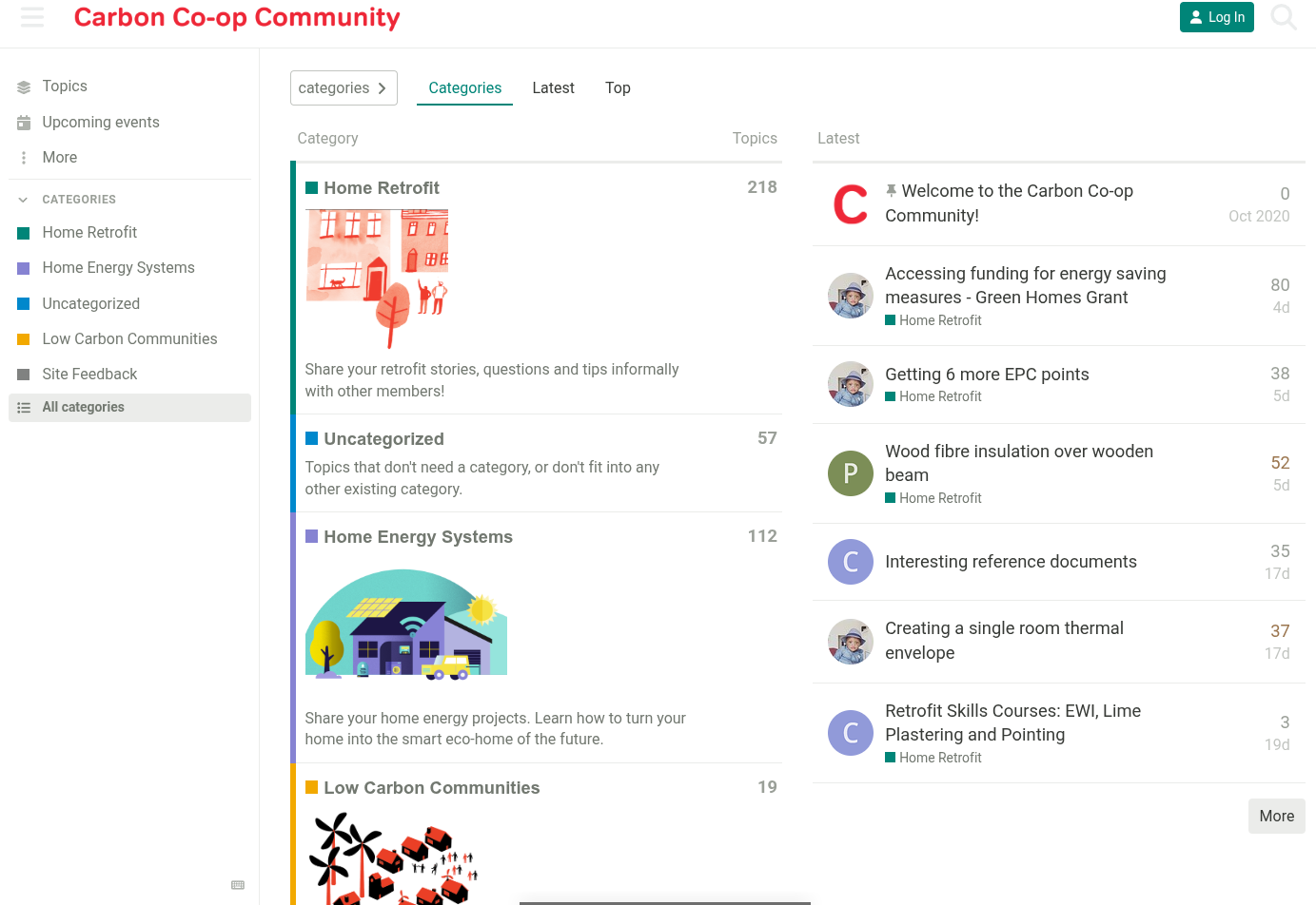 A screenshot of the community forum homepage, showing the range of topics and areas of discussion for the forum
