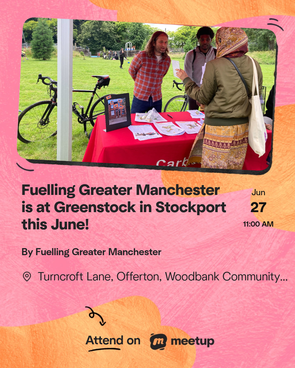 A graphic promoting the Fuelling Greater Manchester Greenstock Event