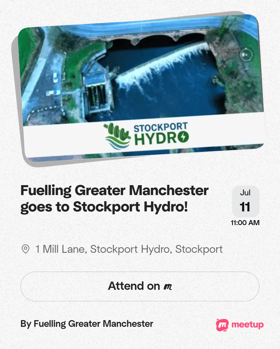 A promotional flyer for the Stockport Hydro visit with an aerial photo of the hydro station