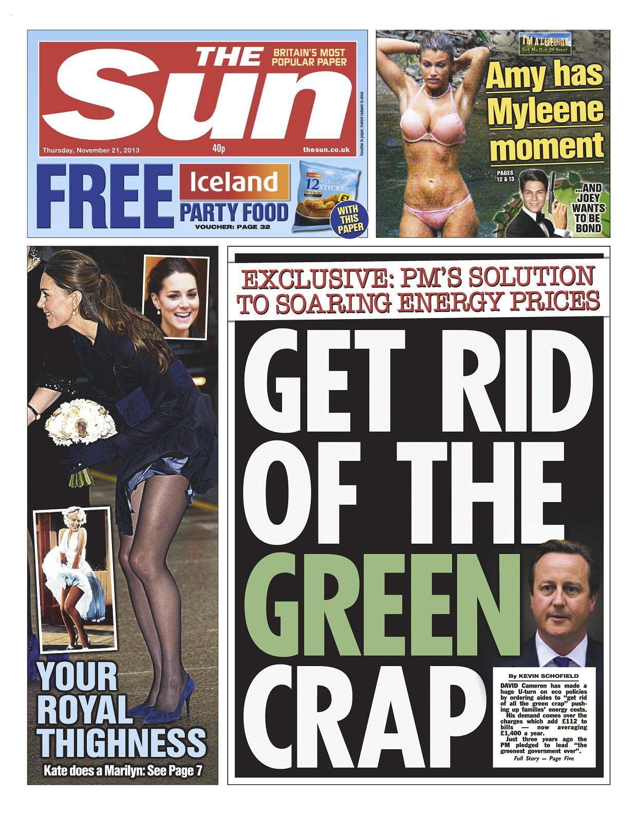 A picture of the front page of the Sun in 2013, with the headline 'Get rid of the green crap'. 
