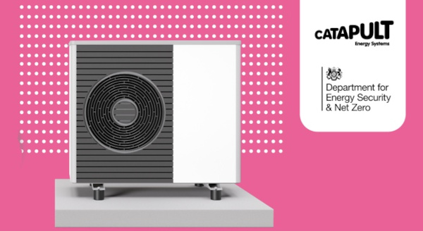 A photo of a heat pump in front of a pink background with ESC and DESNZ's logo