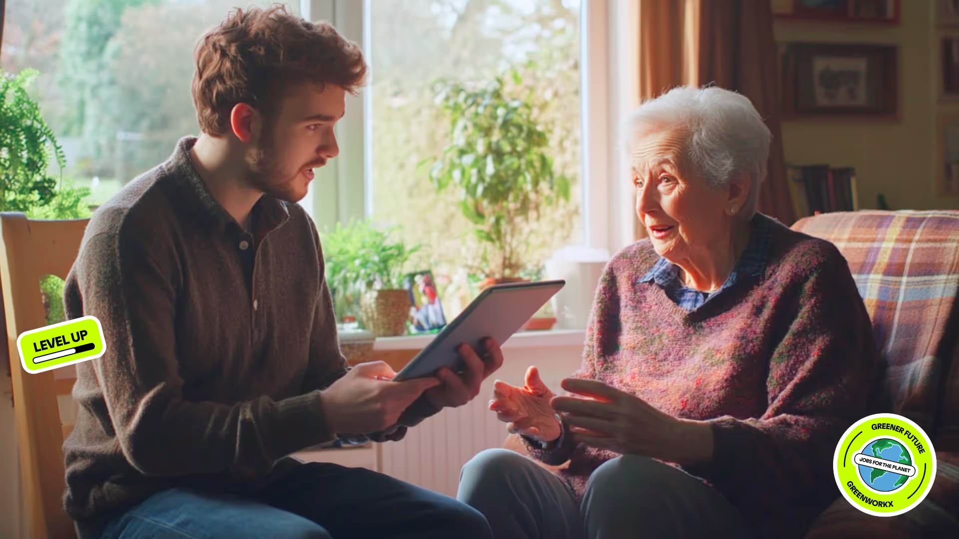 A photo of a man sitting next to a older woman giving energy advice