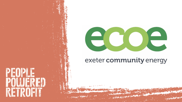 Exeter Community Energy's logo (the green lower case letters 'ecoe' slightly overlapping) in an orange People Powered Retrofit branded frame.