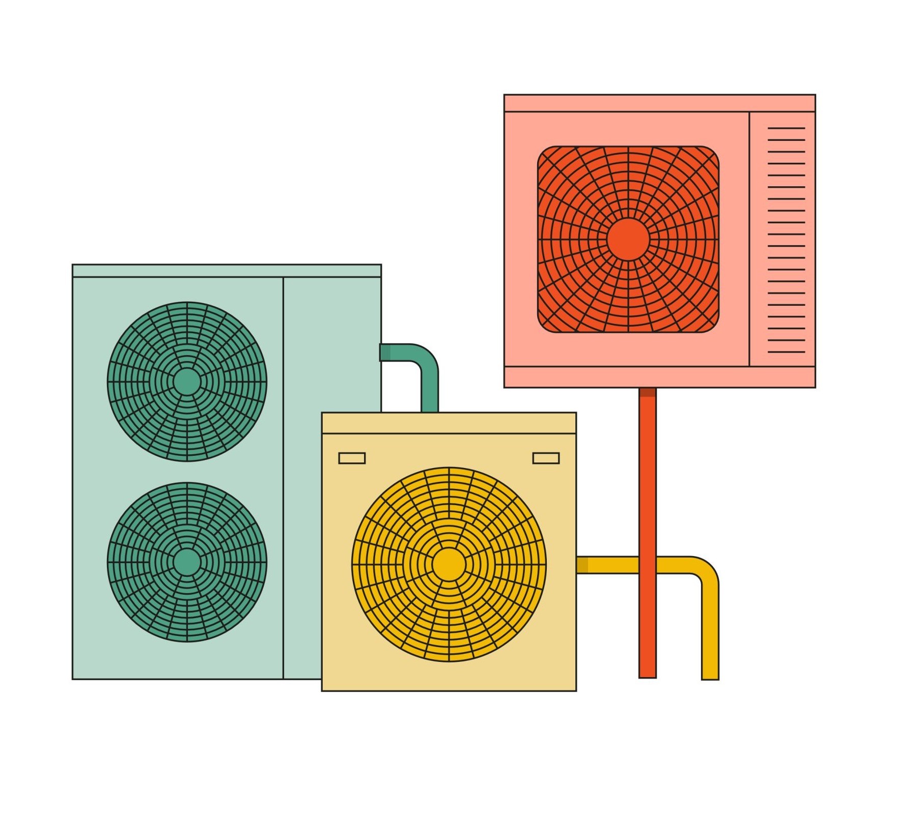 Coloured graphics of various heat pumps