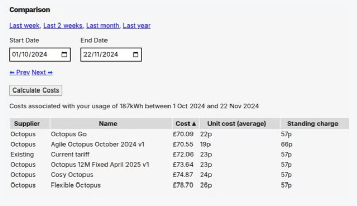 A screenshot of our beta tariff comparison tool