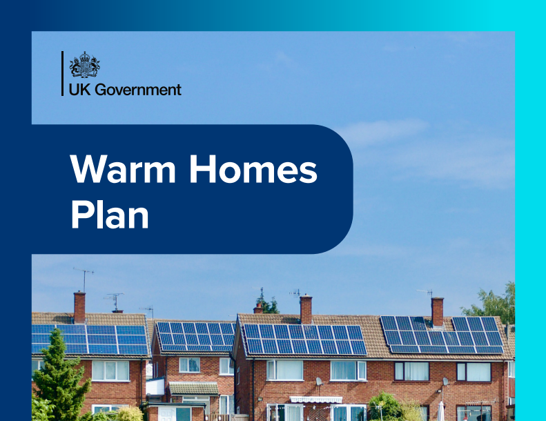 A screenshot of the cover of the Warm Homes Plan which shows a number of semi-detached houses with solar panels