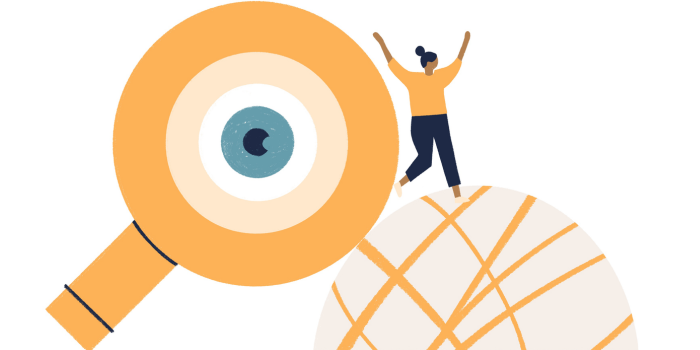 An illustration of someone standing on a globe with a magnifying glass hanging over them