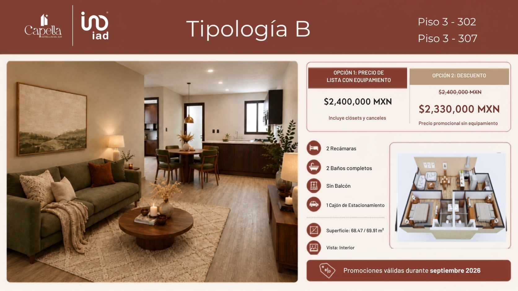 Modelo B de 68 m2 con 2 recámaras en Torre Capella, Puebla.